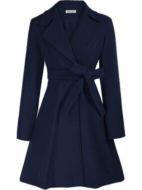 Women Blue Notch Collar Long Sleeve Overcoat Fall Causal Winter Trench Coats